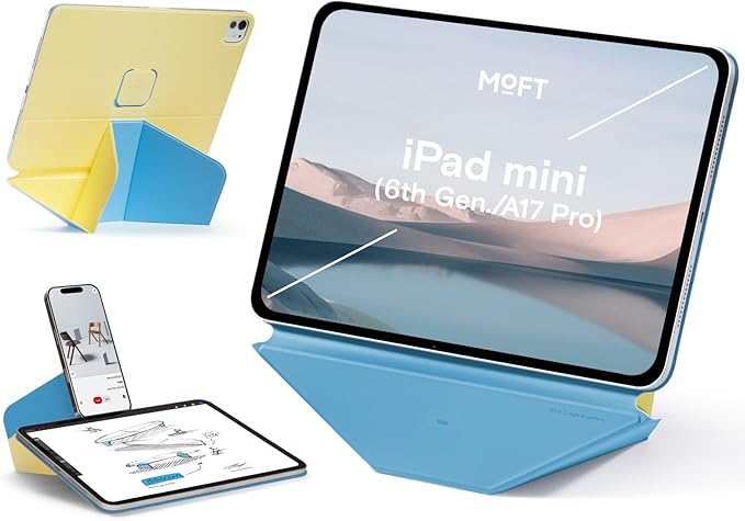 MOFT Dynamic Folio Tablet Stand for Desk Compatible with iPad mini A17 Pro 2024 & iPad mini 6th A15 2021, Slim Magnetic Tablet Holder Case with 20+ Viewing Angles, Panna Cotta x Faded Jeans