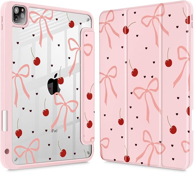 Mektron Case for iPad Pro 11 inch (4th, 3rd, 2nd & 1st Gen) 2022 2021 2020 2018, Buit in Pencil Holder with Shockproof Cover Clear Shell + Auto Wake/Sleep, Pink Bows-Hearts