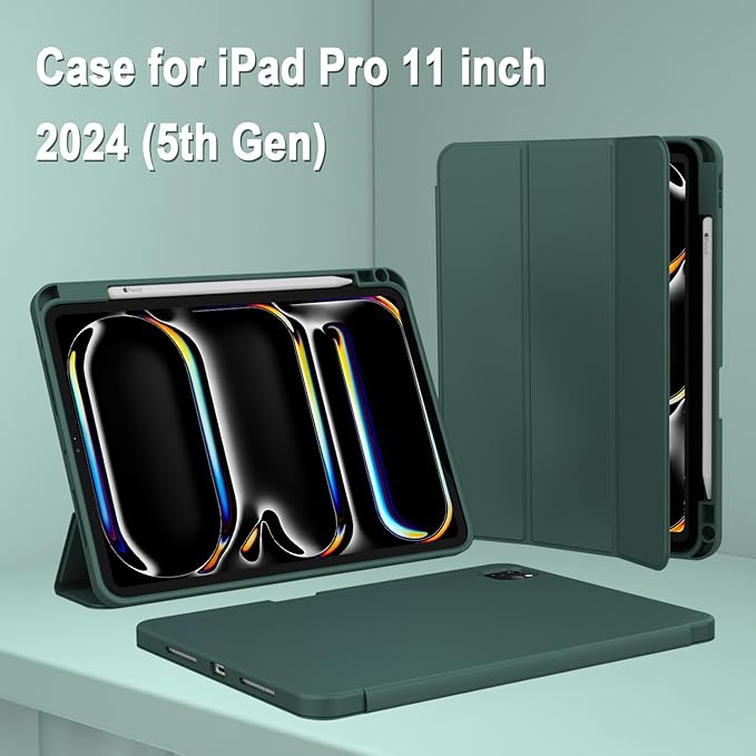 ZryXal iPad Pro 11 Inch Case (M5) 2025/ (M4) 2024 (Model: A2836/A2837/A3006), Trifold Stand Smart Cover with Pencil Holder and Soft TPU Back, Auto Wake/Sleep (Update Midnight Green)