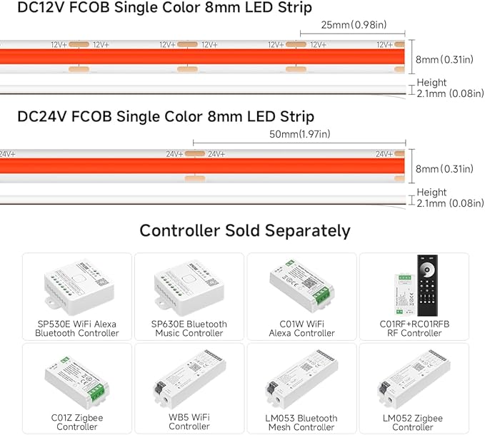 BTF-LIGHTING FCOB IP65 Waterproof Red Color COB LED Strip 16.4FT DC12V 480LED/m 8mm Width Flexible High Density CRI 90+ Dimmable LED Light for Home Indoor Decor(No Controller or Adapter)