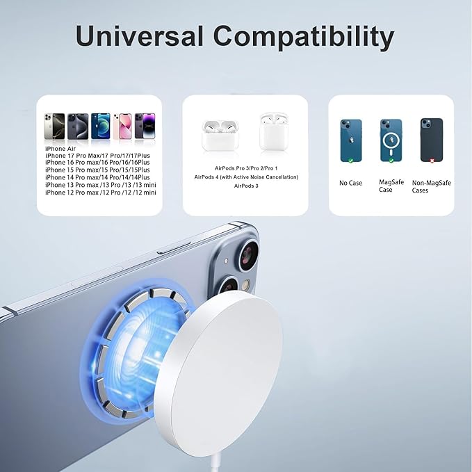 10FT Magnetic Wireless Charger,2Pack Fast Apple Mag-Safe Charger Magnet Charging Pad Mag Safe Charging for iPhone 17Pro Max/16 Pro Max/16Pro/16/iPhone 15Pro Max/15 Plus/14/13/12/AirPods 3/2/Pro/Pro 2