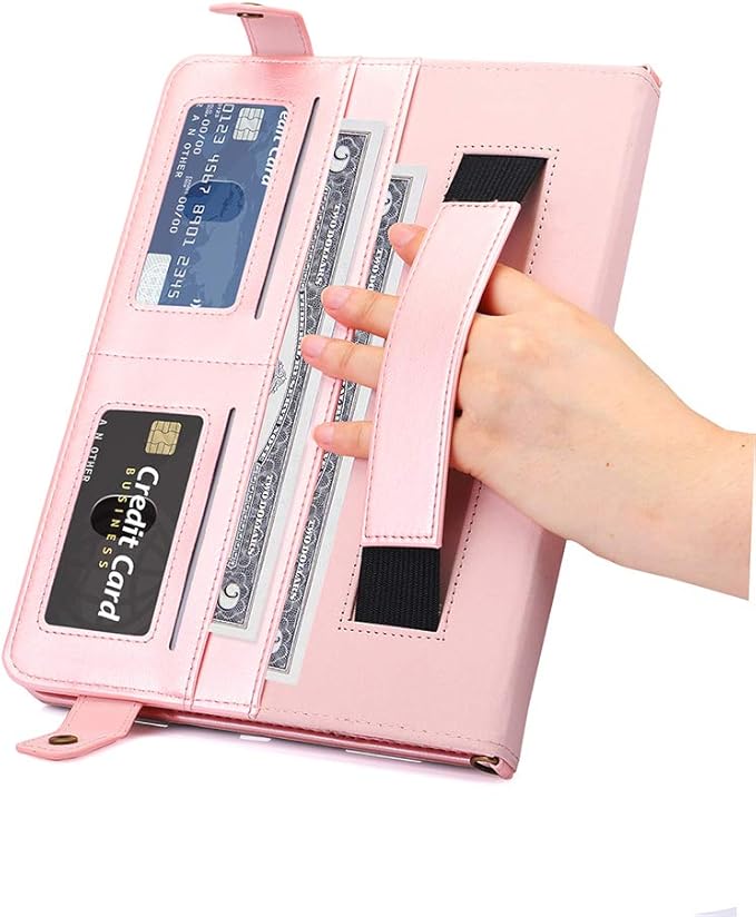 Case for iPad 2018 2017 (5th/6th Gen), 9.7-inch iPad Air/Air 2 Cover, Techcircle Smart Folio Stand PU Leather Crossbody Wallet Case with Hand Strap, Card/Pencil Holder, Rose Gold