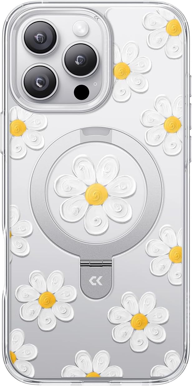 CASEKOO Floral Series Oil Painting Daisy for iPhone 16 Pro Max Case with Magnetic Ring Stand [Compatible with MagSafe] [Military-Grade Protection] Fashion Clear Back, Soft Edge, for Women