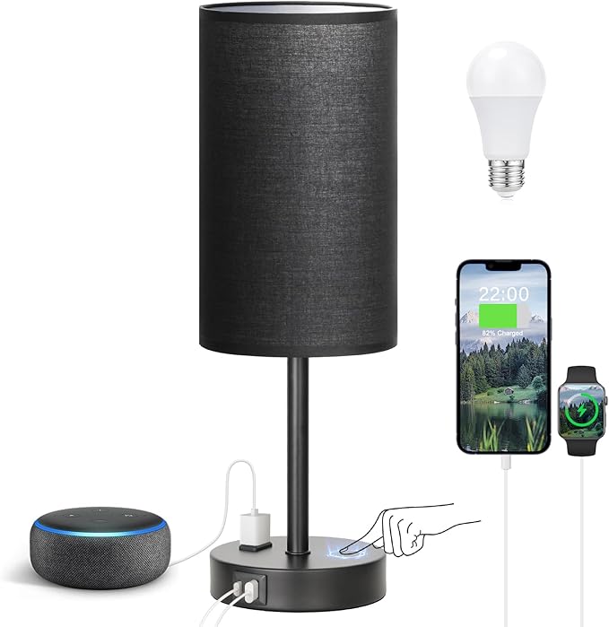 Fenmzee Touch Nightstand Lamp - Black, 3-Way Dimmable, USB A + C Charging, AC Outlet, 17.4inch Medium