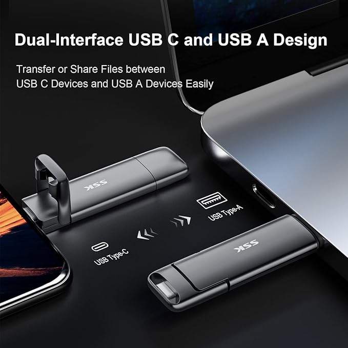SSK 256GB Dual USB C Flash Drive, 2-in-1 Type C+ USB A 3.2 Gen2 Solid State Thumb Drive,Speed Up to 550MB/s Memory Stick Data Storage for iPhone 15, Android Phone,Tablet,MacBook,Windows