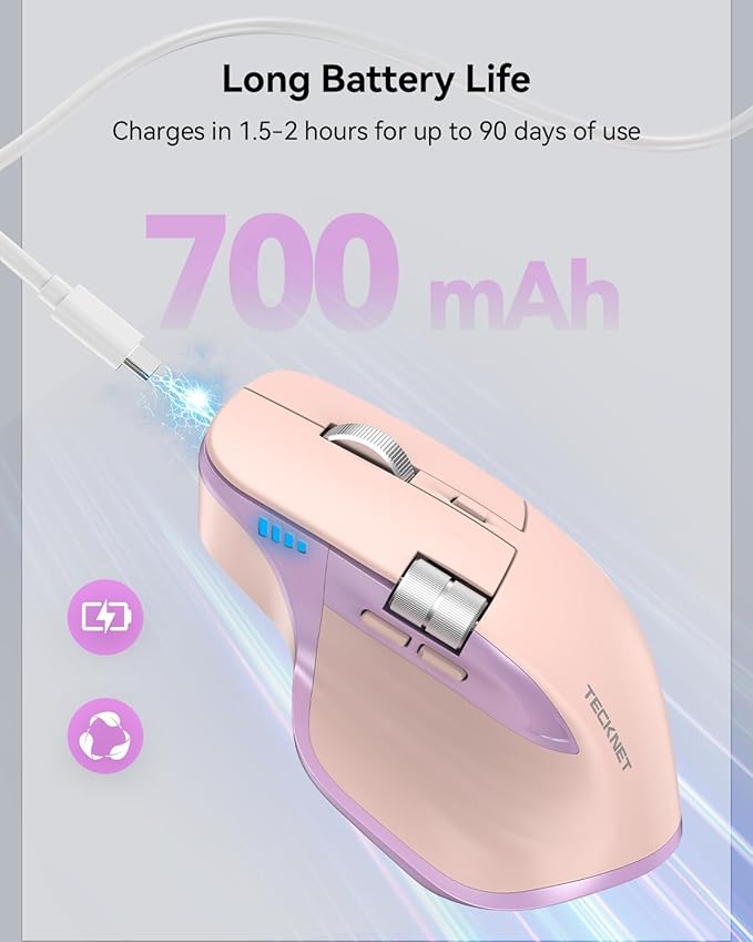 TECKNET Wireless Mouse, Bluetooth Mouse (BT5.3/5.0 & 2.4G) Rechargeable Ergonomic Optical Mouse with 6 Adjustable DPI, Side Scroll, USB A Receiver, 7 Buttons, Wide Compatibility - Pink & Purple