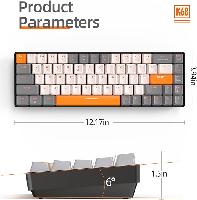ZIYOU LANG RK68 60% Wireless Mechanical Keyboard,Bluetooth 5.0/2.4Ghz Dual Mode Receiver,Hot-Swappable Mini 68-Key,Retro Color Keycaps,Linear Red Switch,Ultra Power Saving for PC PS4 Xbox iPhone ipad