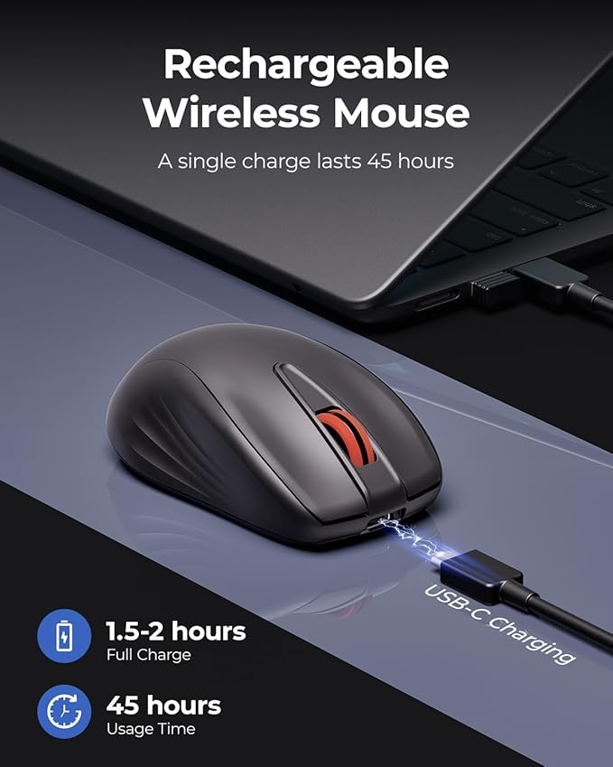wegear WL500 Rechargeable Silent Wireless Mouse, Quiet Click, 2.4G USB Cordless Computer Mouse with 6 Buttons, Ambidextrous Grip, Adjustable DPI for Laptop, PC, Mac (Black)