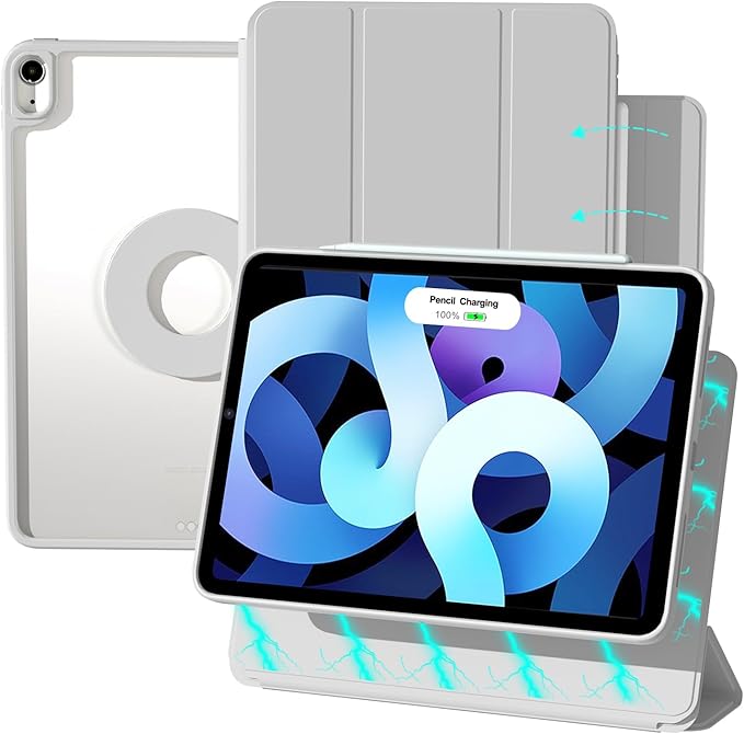 ZENLU iPad Air 10.9/11 inch Case with Removable Magnetic Folio Cover, Premium PU Leather, Multiple Angles Stand, Pencil Slot Charging Support, Full Protective Case for iPad Air 7 6 5 4 Gen (Grey)