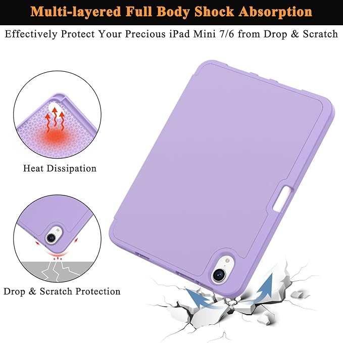 Soke Case for iPad mini 7(A17 Pro) 2024/iPad Mini 6 2021 8.3 inch with Pencil Holder-[Pencil Charging + Auto Wake/Sleep], Soft TPU Back Cover for iPad mini 7th/6th Generation(Lilac)