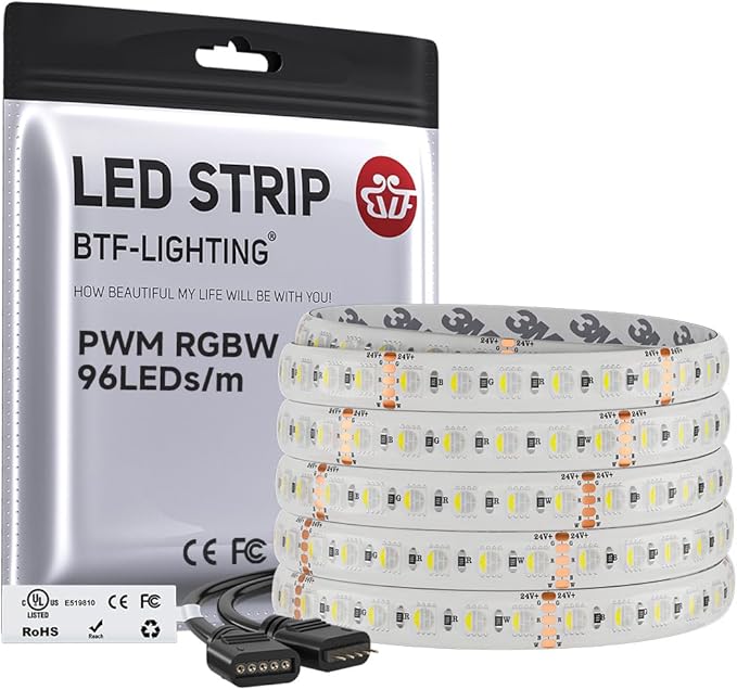 BTF-LIGHTING UL Listed RGBW LED Strip Lights,5050 4 Colors in 1 RGB + 2700K-3000K Warm White,24V DC,16.4ft/5m 96LEDs/m 12mm White PCB, IP65 Waterproof for Home Decoration(No Adapter or Controller)