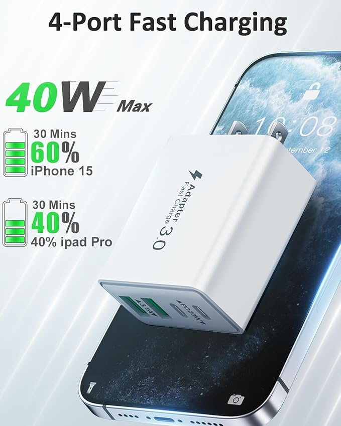 USB C Charger Block Fast Charging, 40W 4-Port USB C Wall Charger Dual Port PD Power Adapter+QC USB Wall Plug Multiport Type C Charging Block Cube for iPhone 16/15/14/13/12/11/Pro Max, Samsung, iPad