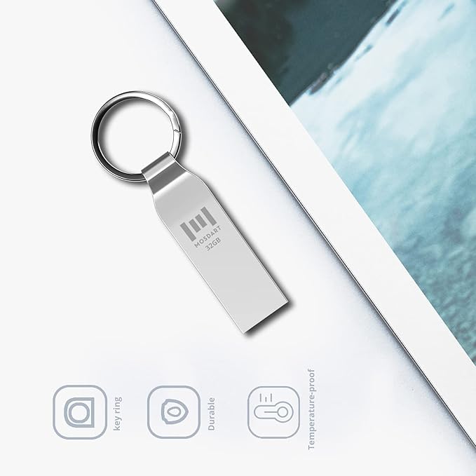 MOSDART Waterproof 32GB USB2.0 Flash Drive, FAT32 Metal Memory Stick with Keychain, for System Back, Data Storage, Silver(Pack of 2)