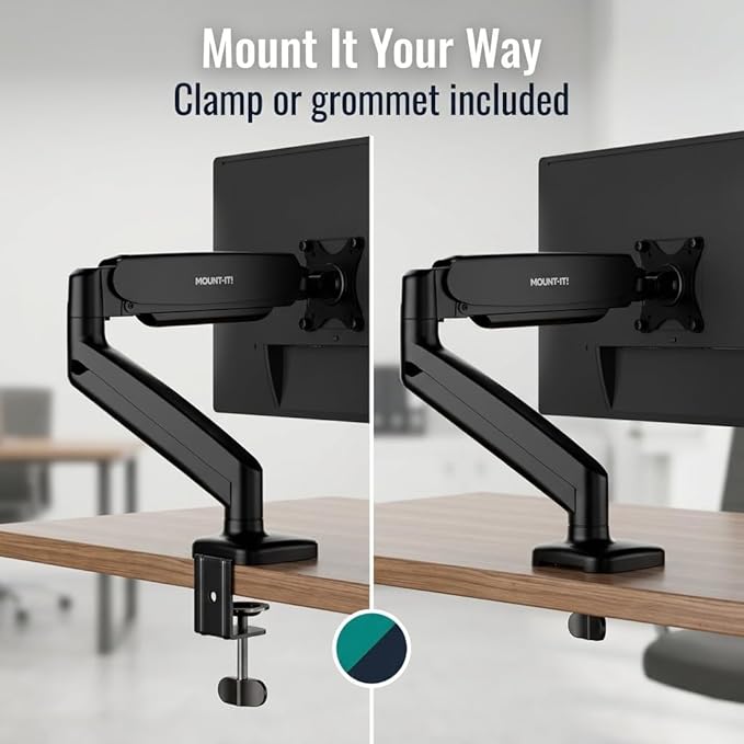 Mount-It! Single Monitor Arm Desk Mount, Gas Spring Monitor Mount, Fits 13–32" Screens up to 17.6 lbs, VESA 75x75 & 100x100, Full Motion Tilt Swivel Rotate, C-Clamp & Grommet Base