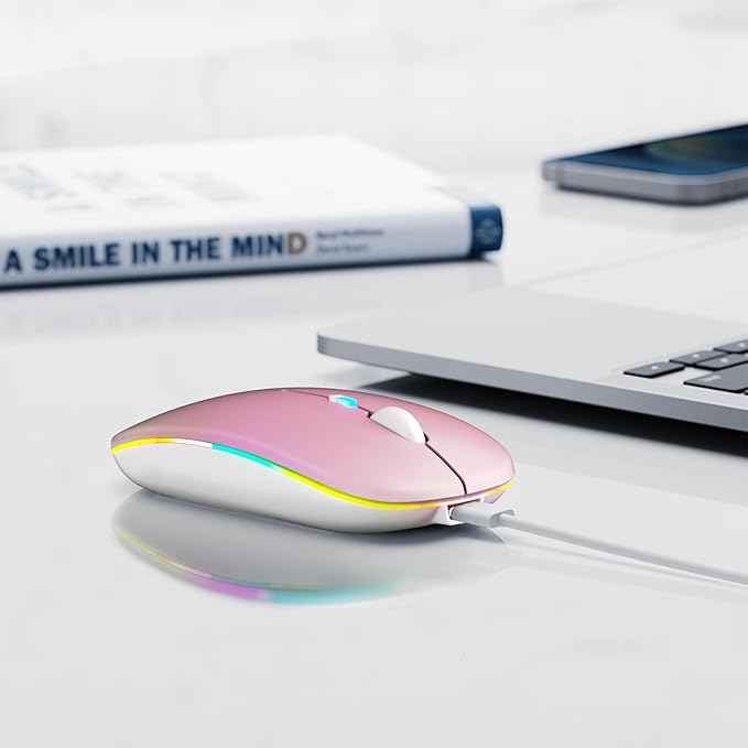 Wireless Bluetooth Mouse, Rechargeable, LED, Silent, Ultra-thin Design (Bluetooth 5.2 and 2.4GHz USB Receiver) | Portable Computer Mouse for Laptops, iPads, MacBooks and Apple Devices (Pink)