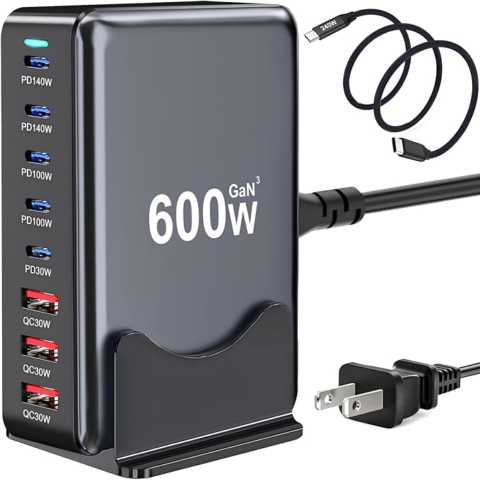 600W USB C Charger Block, Multi-port Fast USB Charging Station Dual PD 140W GaN Ⅲ Charging Station For Multiple Devices, Laptop Charger Adapter Compatible with MacBook, DELL, iPad, iPhone, Samsung etc