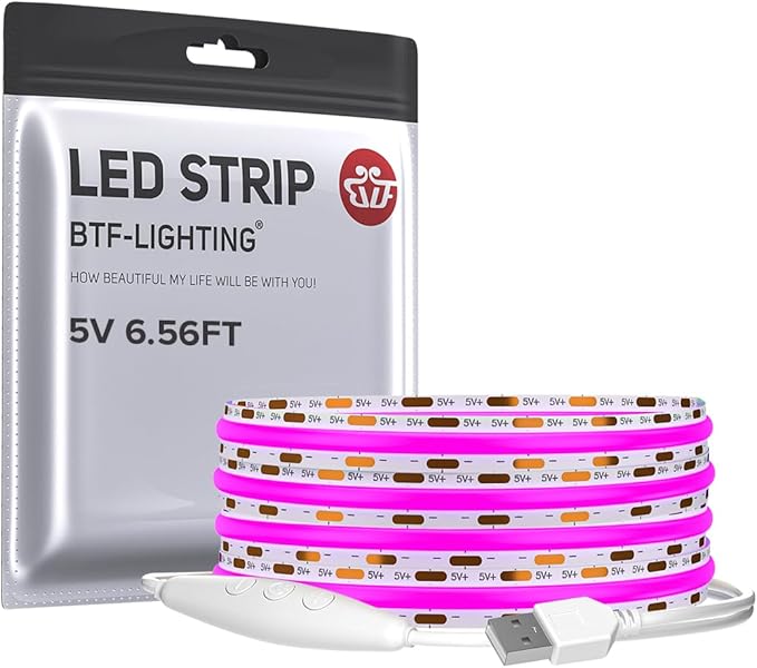 BTF-LIGHTING FCOB COB FOB LED Strip Lights 5V USB Powered 6.56FT 640LEDs Purple Color 8mm Width Dimmable CRI 90+ with 3M Tape Flexible High Density for 3D Printer TV Backlight PC DIY Decor