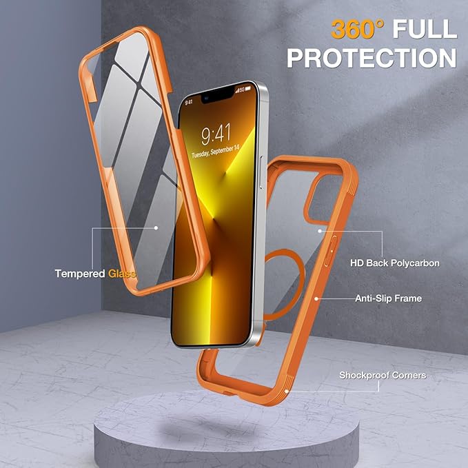 Miracase for iPhone 13 Pro Case 6.1",Full-Body Protection,Clear Bumper Case with Built-in 9H Tempered Glass Screen Protector,Military-Grade Drop Protection Outdoor Phone Case for iPhone 13 Pro,Orange
