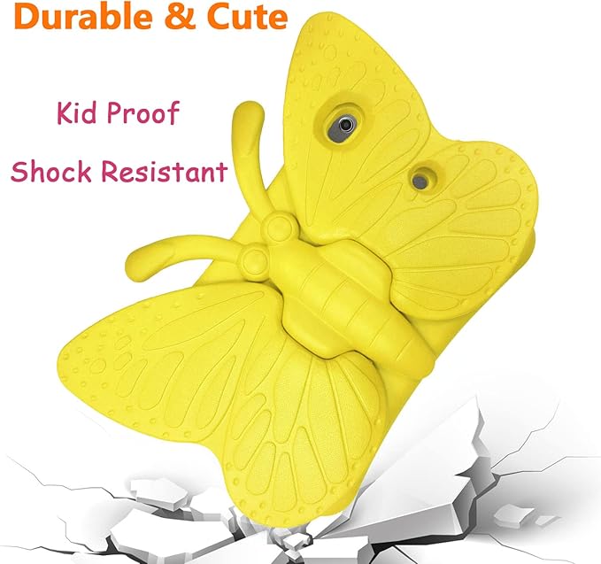 iPad 9th 8th 7th Generation Case Kids Girls Boys , Cute Butterfly Shockproof EVA Foam Super Protection Stand Cover for iPad 2021 2020 2019 10.2" and iPad Air 3 Pro 10.5" - Yellow