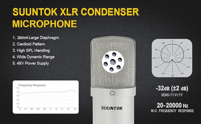 SUUNTOK XLR Condenser Microphone Recording Microphone for PC Computer Home Studio Cardioid Podcast Mic Kit for Streaming, ASMR, YouTube, Voice-Over, Gaming, Vocal (Silver)