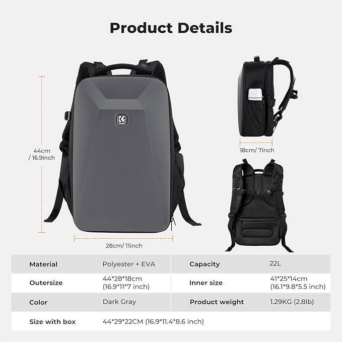K&F CONCEPT Camera Backpack,Hardshell Photography DSLR Camera Bag with 15-15.6 Inch Laptop Compartment Waterproof Hard Shell Camera Case