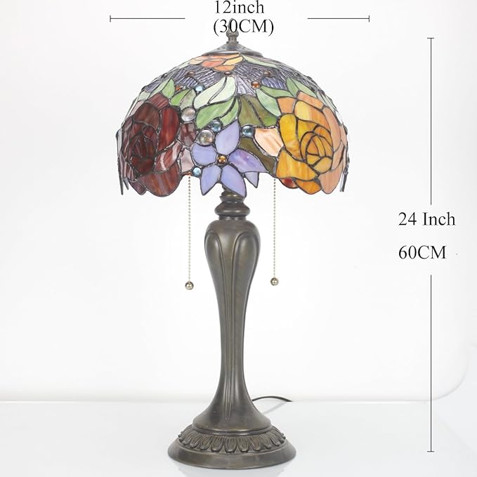 WERFACTORY Tiffany Lamp Stained Glass Table Lamp Red Rose Flower Bedside Desk Reading Light 12X12X22 Inches Decor Bedroom Living Room Home Office S001 Series