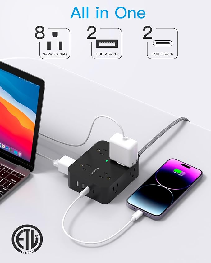 Power Strip Surge Protector 10 Ft Cord, HANYCONY Extension Cord Flat Plug with 8 Outlets 4 USB Ports(2 USB C), Wall Mount, Desk Charging Sation for Home Offcie