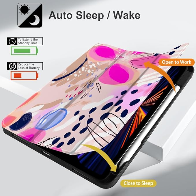 DONGKE Case for 2022/2021/2020/2018 iPad Pro 11 inch Gen 4/3/2/1 - Slim Protective Case - Built in Pencil Holder Support Charging - Trifold Stand & Sleep/Wake Cover - Floral Artistic