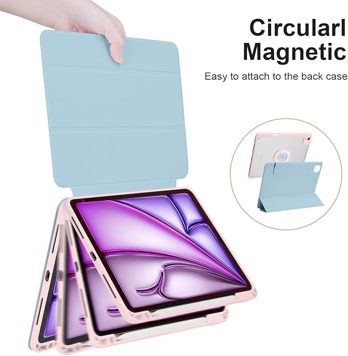 Case for iPad Air 11" M4/M3/M2 2026/2025/2024, iPad Air 10.9" 5th/4th 2022/2020, iPad Pro 11" 4th/3rd/2nd 2022/2021/2020 with Pencil Holder, Vertical Stand, Detachable Magnetic, Ice Blue+Pink