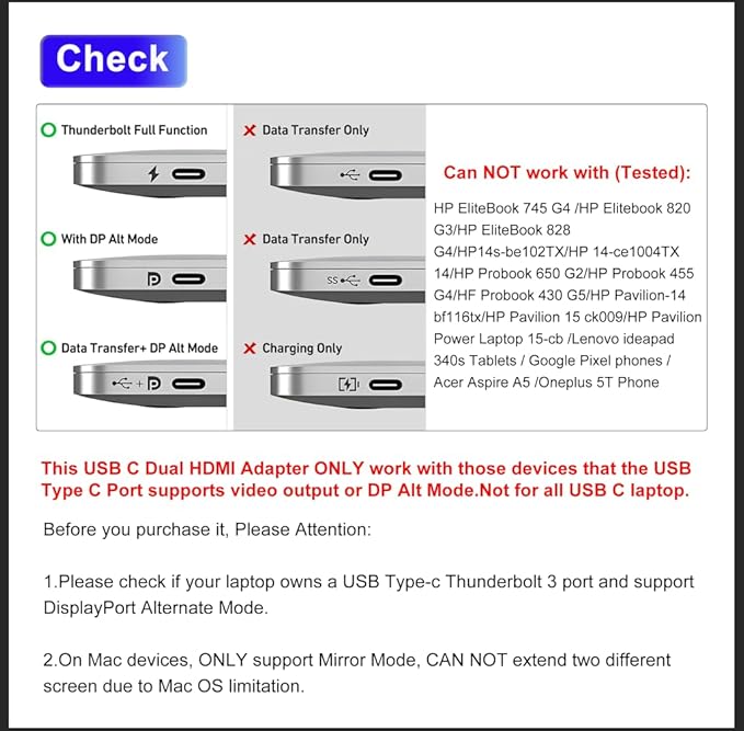 USB C Docking Station Dual Monitor for Dell/HP/Mac Laptop, Dual HDMI Adapter for 2 Monitors, HDMI Splitter for Dual Monitors Extended Display, 8 in 1 USB C Hub Multiport Adapter with HDMI/USB/PD/SD/TF