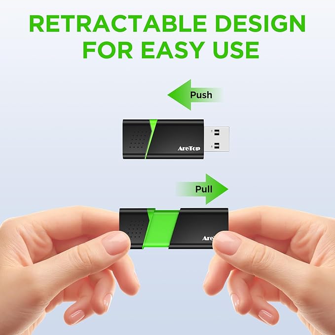 AreTop 64GB Flash Drive with Type C Adapter, Retractable USB 3.0 Thumb Drive Multicolor USB Drive for Date Storage, High Speed Jump Drives with LED Indicator, 64GB 1 Pack (Green)