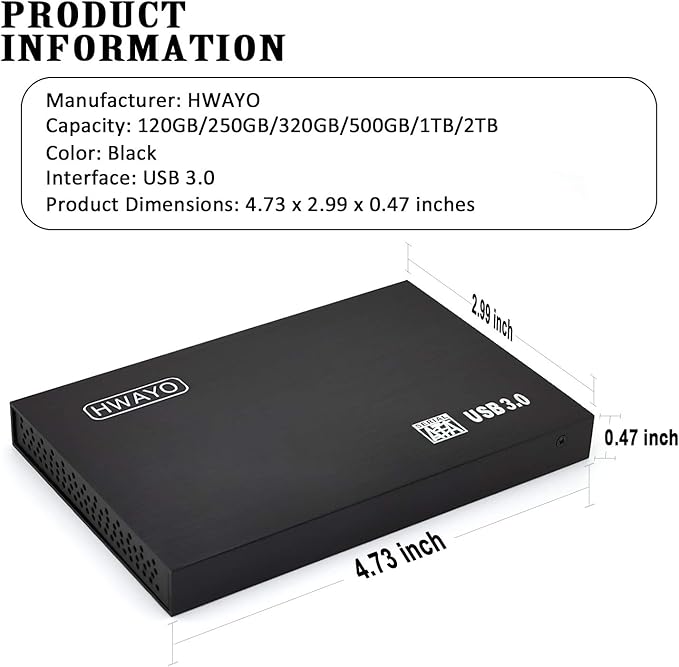 HWAYO 2.5'' 750GB Ultra Slim Portable External Hard Drive USB3.0 HDD Storage for PC/Desktop/Laptop/MacBook/Chromebook/Xbox One (Black)
