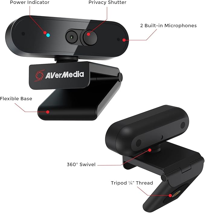 AVerMedia PW310P Webcam - Full 1080p 30fps HD Camera with Autofocus and Dual Stereo Microphones, Work from Home, Remote Learning - NDAA Compliant