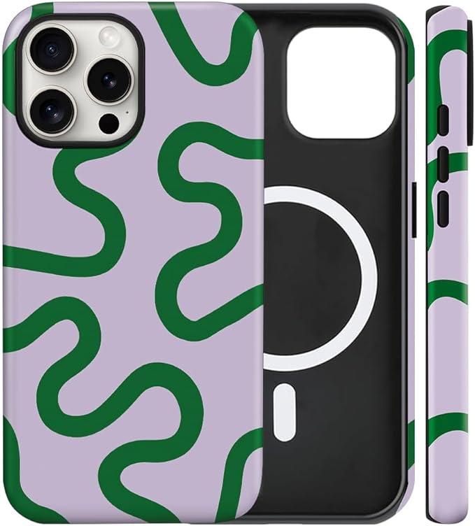 Magnetic for iPhone 14 Pro Max Case Cute Curved Stripes Phone Case, Shockproof Slim TPU and Hard PC Protective Phone Cover Compatible with MagSafe Designed for Women Girls,Green