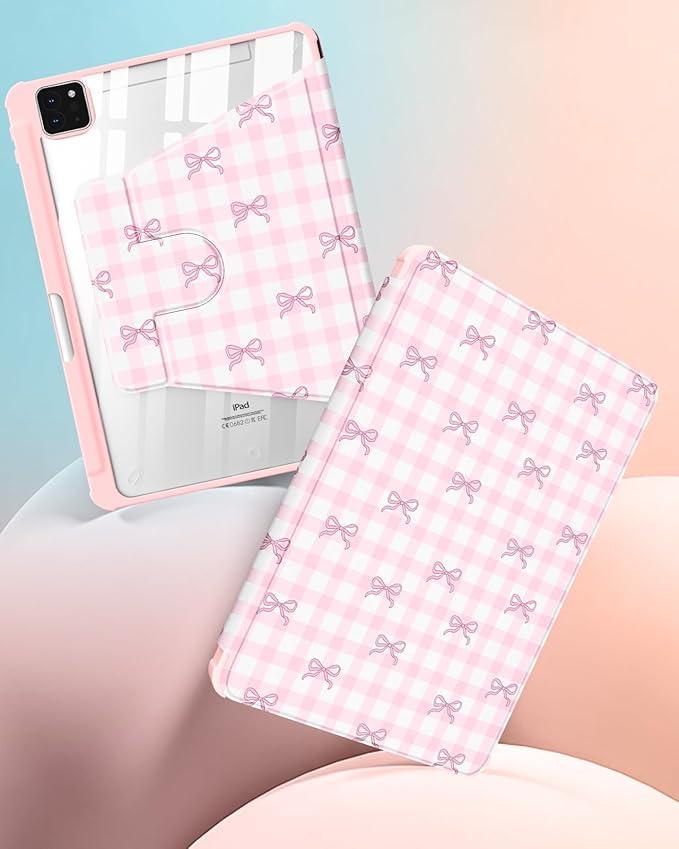 Uppuppy for iPad Air 13 inch Case(Air M4 2026/M3 2025/M2 2024), for iPad Pro 12.9 Case(6th/5th/4th/3rd/2nd/1st Gen) - 360 Rotating Smart Folio Cover with Pencil Holder for Women Girls, Pink Bow Plaid