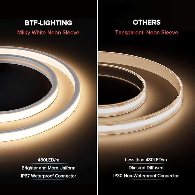 BTF-LIGHTING FCOB COB LED Strip IP67 Waterproof Flexible High Density Uniform Diffused Neon Light 16.4FT DC24V Warm White 2700K 480LED/m CRI 90+ for Indoor Decor(No Adapter or Controller)