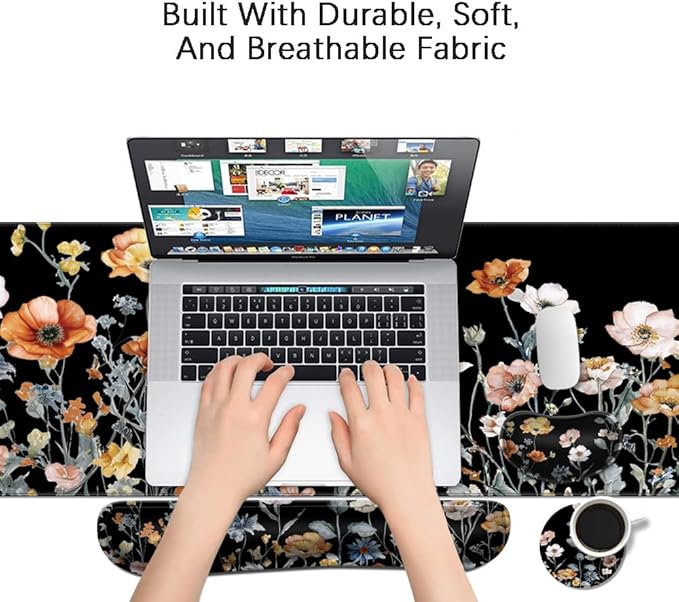 MIBITRI Keyboard Mouse Pad Set, Extended Gaming Mouse Pad+Ergonomics Keyboard Wrist Rest Support, Memory Foam, Easy Typing Pain Relief, 4Pcs XXL Ultra Thick Desk Mat, Flower Black