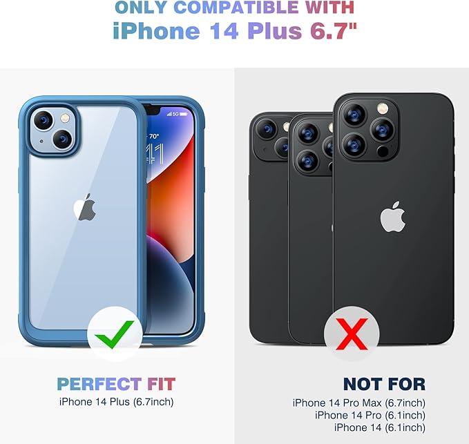 Diaclara Designed for iPhone 14 Plus Case, Full Body Rugged Case with Built-in Touch Sensitive Anti-Scratch Screen Protector, with Camera Lens Protector (Blue and Clear)