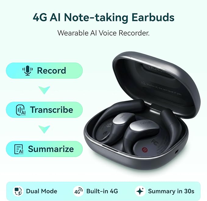 Mobvoi TicNote Pods Wearable AI Voice Recorder with 4G, No Phone Needed, Voice Activated, AI Transcription & Translation,Auto Transcription & Meeting Notes,120+ Languages, 5-Hour Battery,Blue