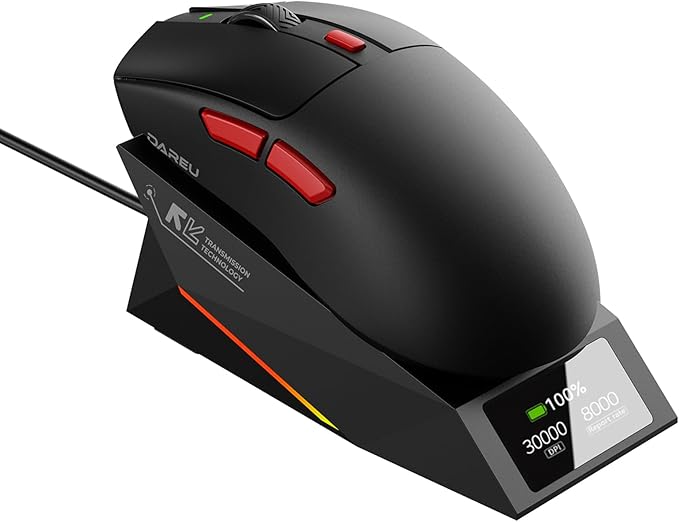 DAREU AE6 Pro Wireless Gaming Mouse, Custom PAW3950 30K Sensor, Wireless/Wired Dual 8K Polling, Display Charging Dock, Excimer Coating, 59g Lightweight, Symmetrical, Programmable,166H Battery
