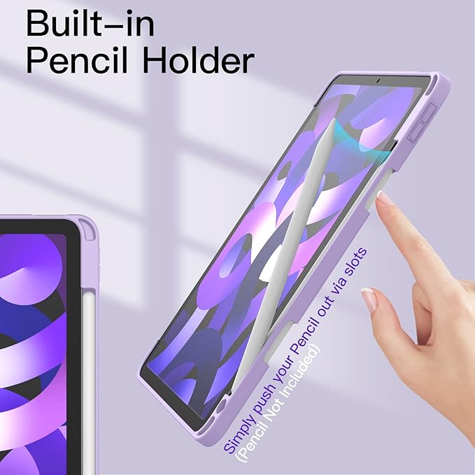 JETech Case ONLY for iPad Air 11-Inch M4/M3/M2 (2026/2025/2024), iPad Air 5/4 (2022/2020 5th/4th) with Pencil Holder, Clear Transparent Back Slim Stand Shockproof Tablet Cover (Light Purple)