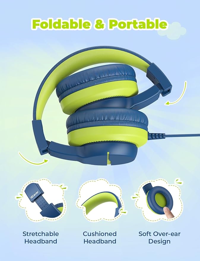 iClever USB C Headphones for Kids, Over-Ear for Boys Girls, Safe Volume 85dBA, Foldable Wired Kids Headphones for iPad, HS19S