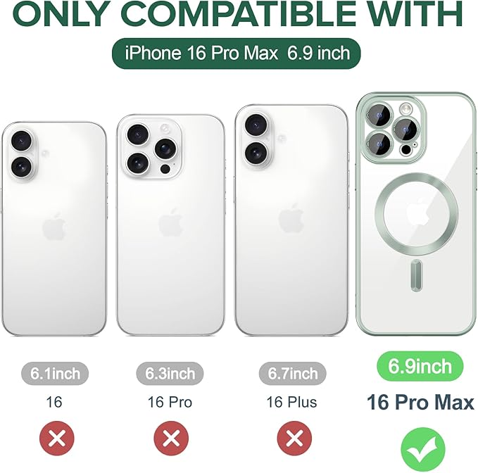 Hython Magnetic Clear for iPhone 16 Pro Max Case with Camera Lens Protector [Compatible with MagSafe] Plating Edge Slim Soft TPU Cover Protective Phone Case for iPhone 16 Pro Max 6.9", Matte Mint