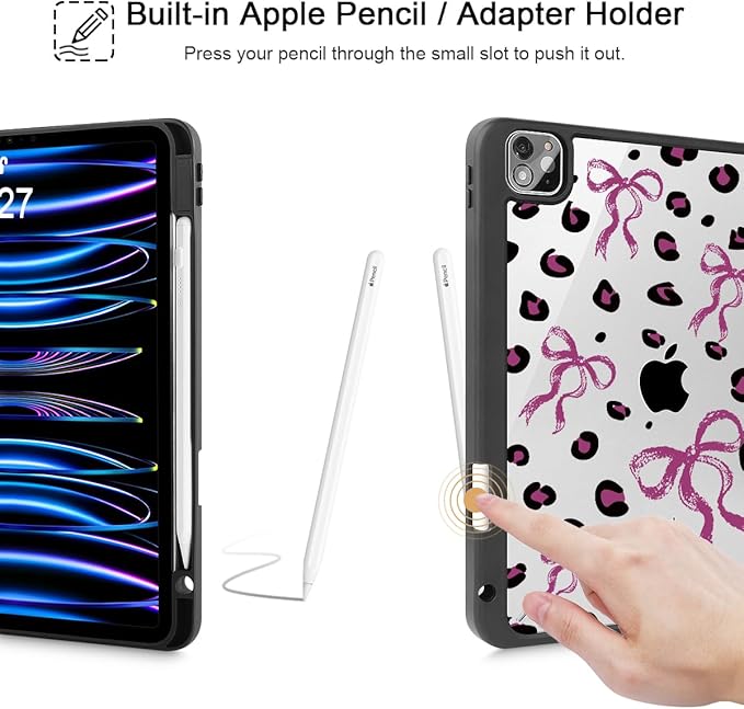 Mektron Case for iPad Pro 11 inch (4th, 3rd, 2nd & 1st Gen) 2022 2021 2020 2018, Buit in Pencil Holder with Shockproof Cover Clear Shell + Auto Wake/Sleep, Composition Book-Bows