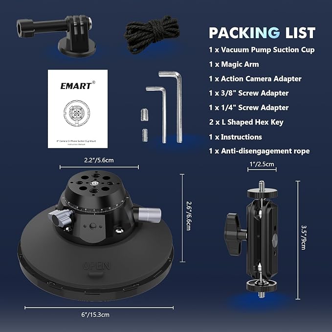 EMART Suction Cup Camera Mount with Adjustable Magic Arm, Metal 6" Suction Cup Mount Compatible with Camera, Action Cam, Phone, Universal 1/4"-3/8" Mount Holes for Windshield, Dash and Smooth Surface