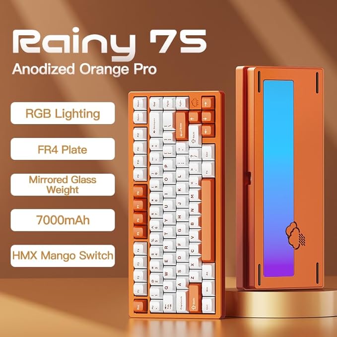 KEEBMONKEY WOBKEY Rainy 75 Aluminum HMX/JWK Switches Mechanical Keyboard with Superior Acoustics, Wired, BT, 2.4G Wireless Connectivity (Pro Orange(Mirrored Glass Weight))
