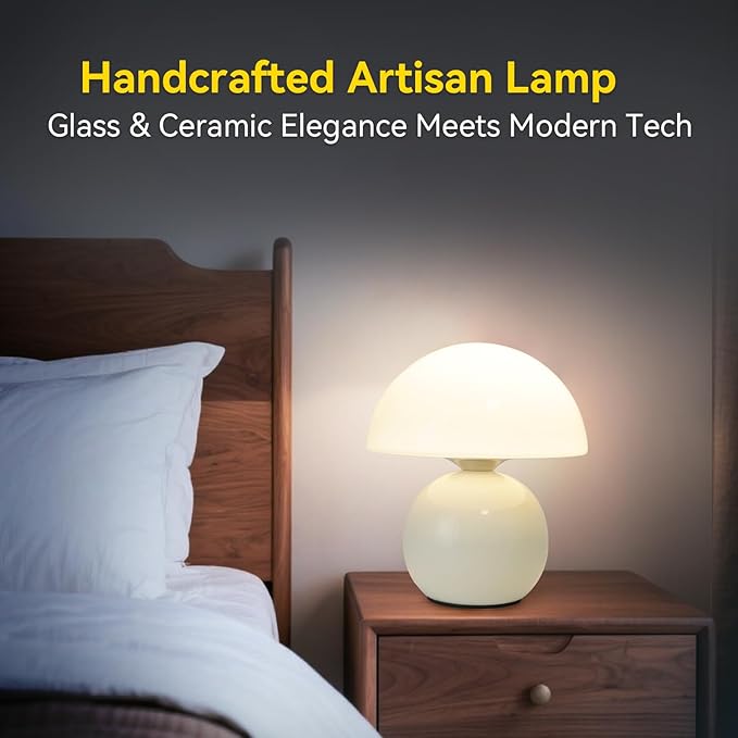 Remote Control Mushroom Lamp with Timer – 3-Color Dimmable Bedside Light, Ceramic Base & Glass Shade, Modern Decorative Night Lamp for Bedroom, Living Room, and Home Office (Pearl White)