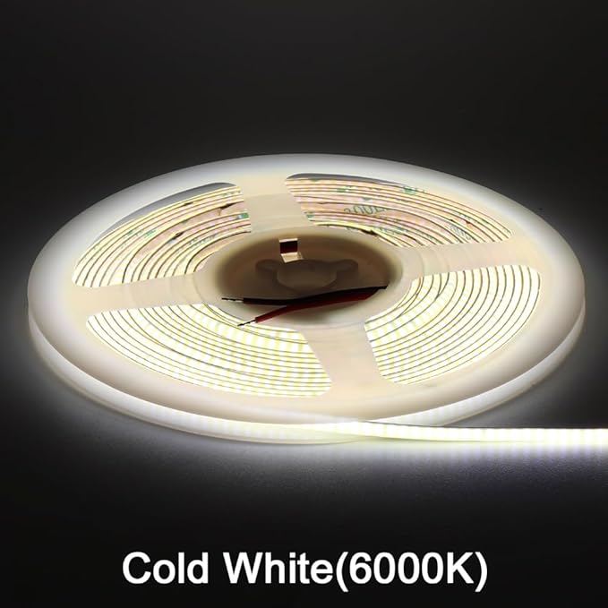 3mm COB Strip Light, DC 12V Cold White 16.4ft Flexible Cuttable Ultra-Thin LED Tape CRI>90 Uniform Dotless 400LEDs/M LED Light for Christmas Bedroom Home Kitchen Cabinet Decor (NO Power Supply)