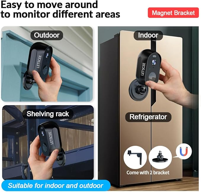 LETSCEE Cameras for Home Security Outdoor Indoor,Security Cameras Wireless Outdoor Battery Rechargeable WiFi,2K Night Vision, Motion Detection,No Month fee SD Card/Cloud Storage,Weather Proof
