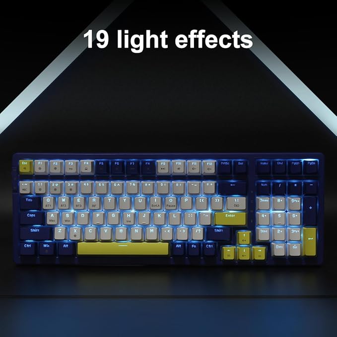 Merdia Wireless Mechanical Keyboard, Triple Mode 2.4G/USB-C/BT Gaming Keyboards 100 Keys Ice-Blue Backlit, Red Switch Keyboard | Rechargeable Mechanical Gaming Keyboards | Blue/White/Yellow